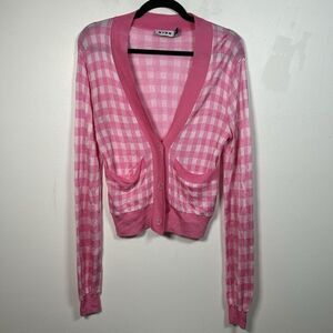 RIXO‎ Cardigan Pink White Plaid Gingham V Neck Button Size XXS US 2 EU 34
